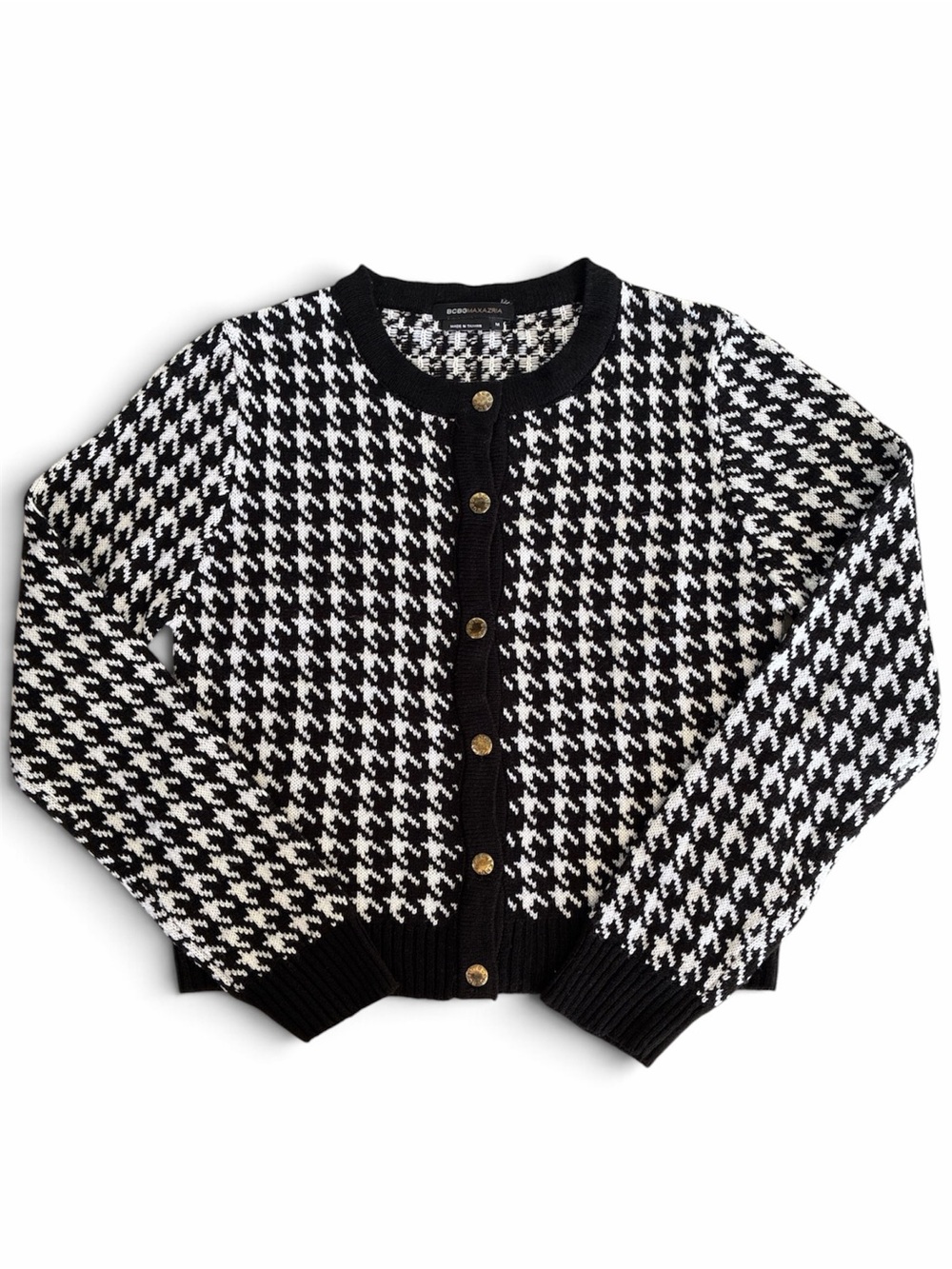 BCBGMaxAzria Black & White Houndstooth Knit Cardigan